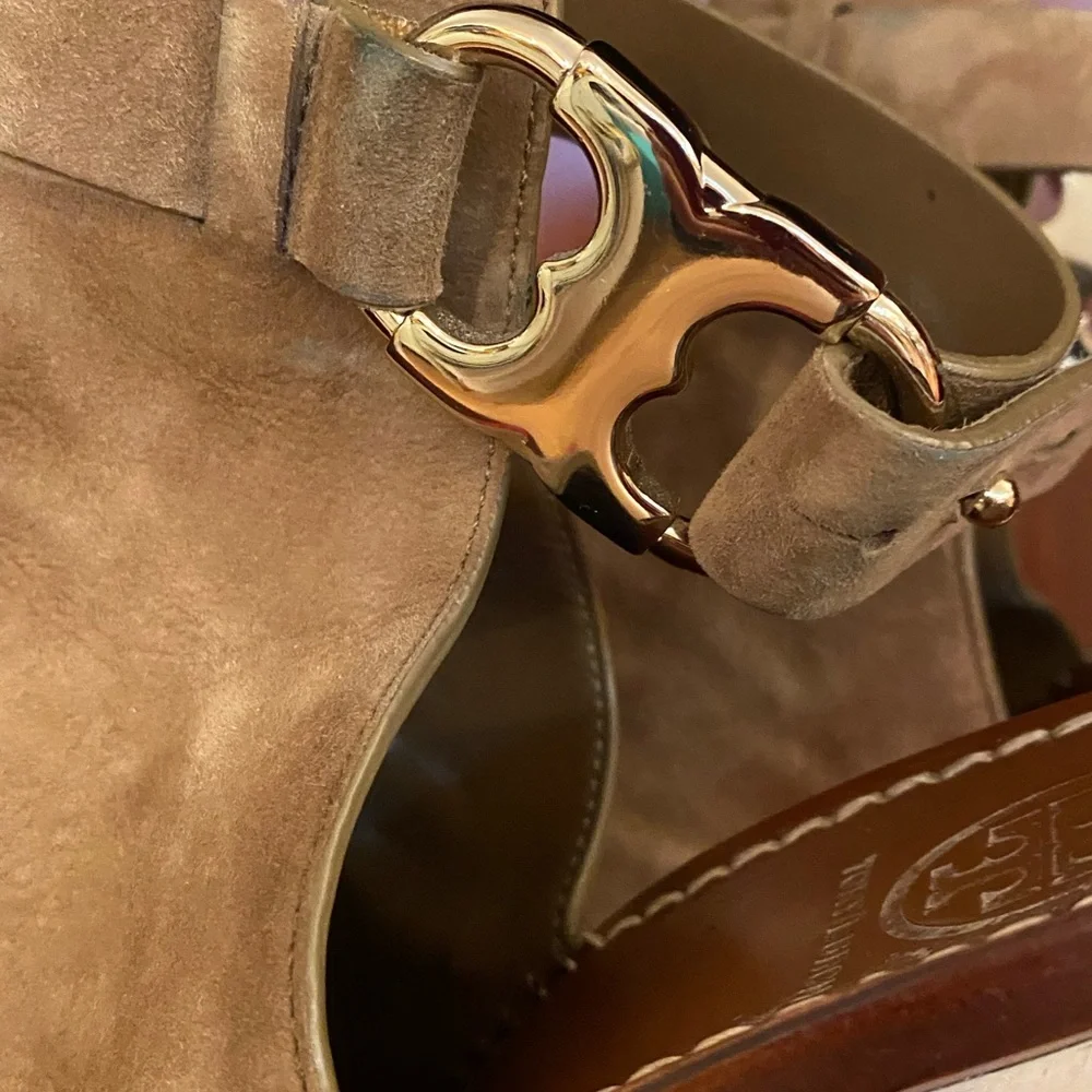 Tory Burch Suede Open-Toe Ankle Bootie in Taupe with Metallic Heel